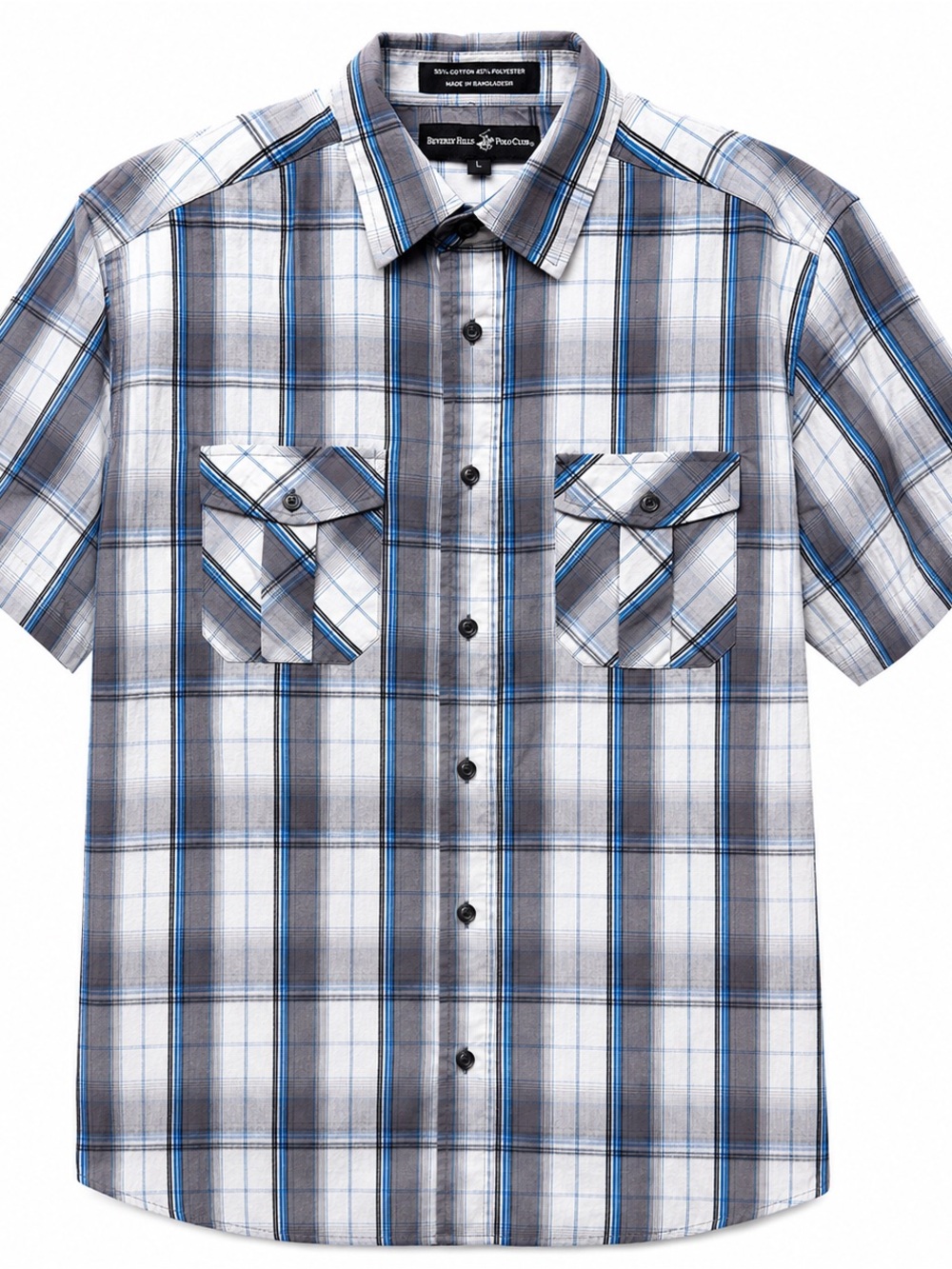 Men's Short-Sleeve Plaid Button-Up Shirt - Blue & Gray